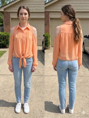 Speed Limit MPH Orange Cold Shoulder Chiffon Tie Front Pintuck Blouse Large Boho